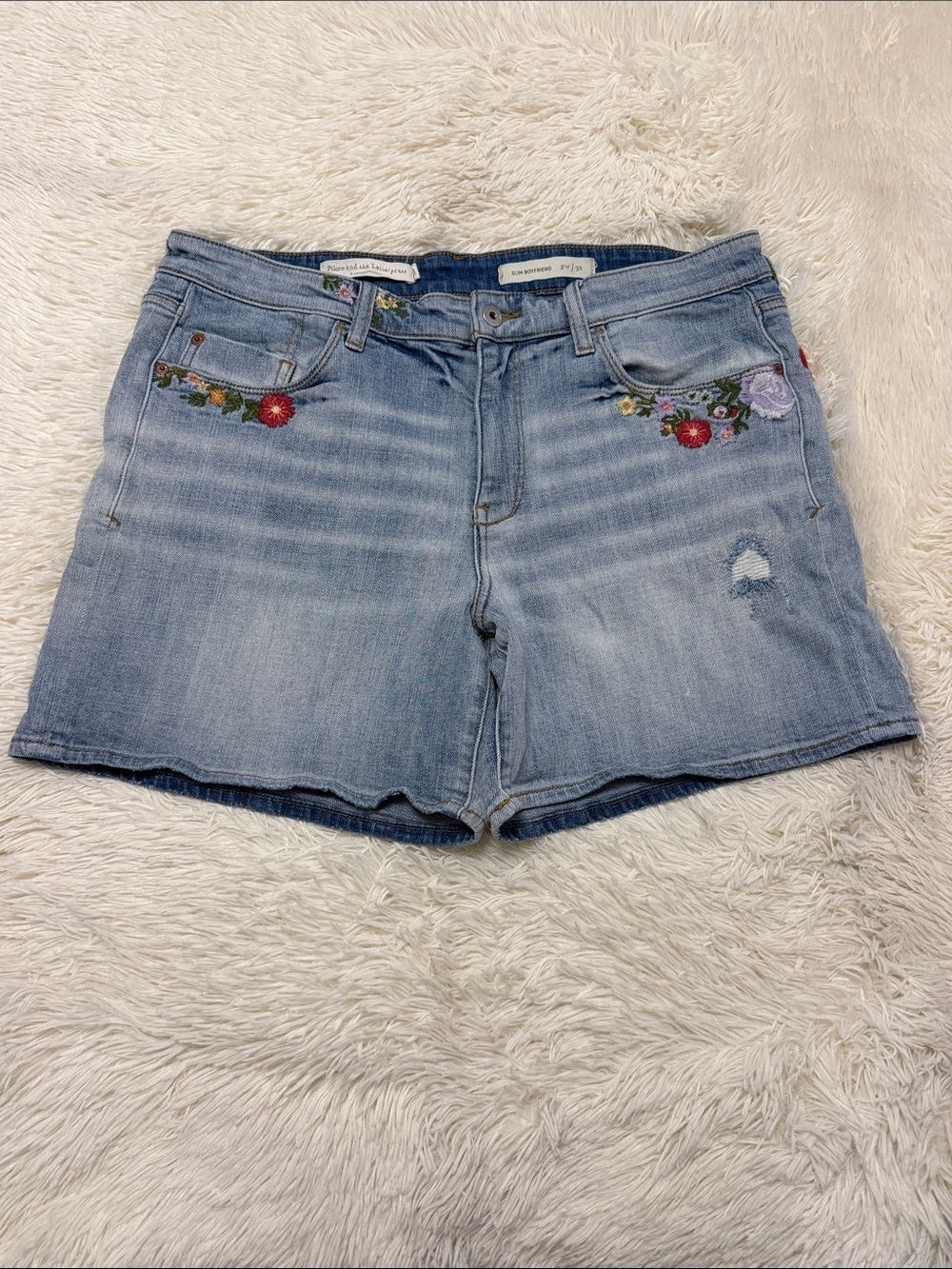 Pilcro and the Letterpress Light Blue Denim Shorts with Floral Embroidery